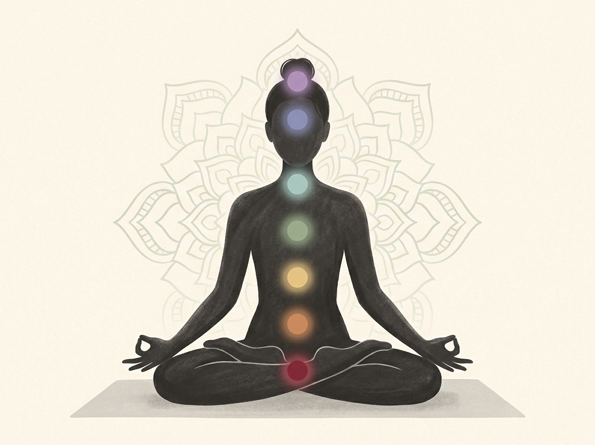 A meditating figure with the seven chakras glowing along the spine